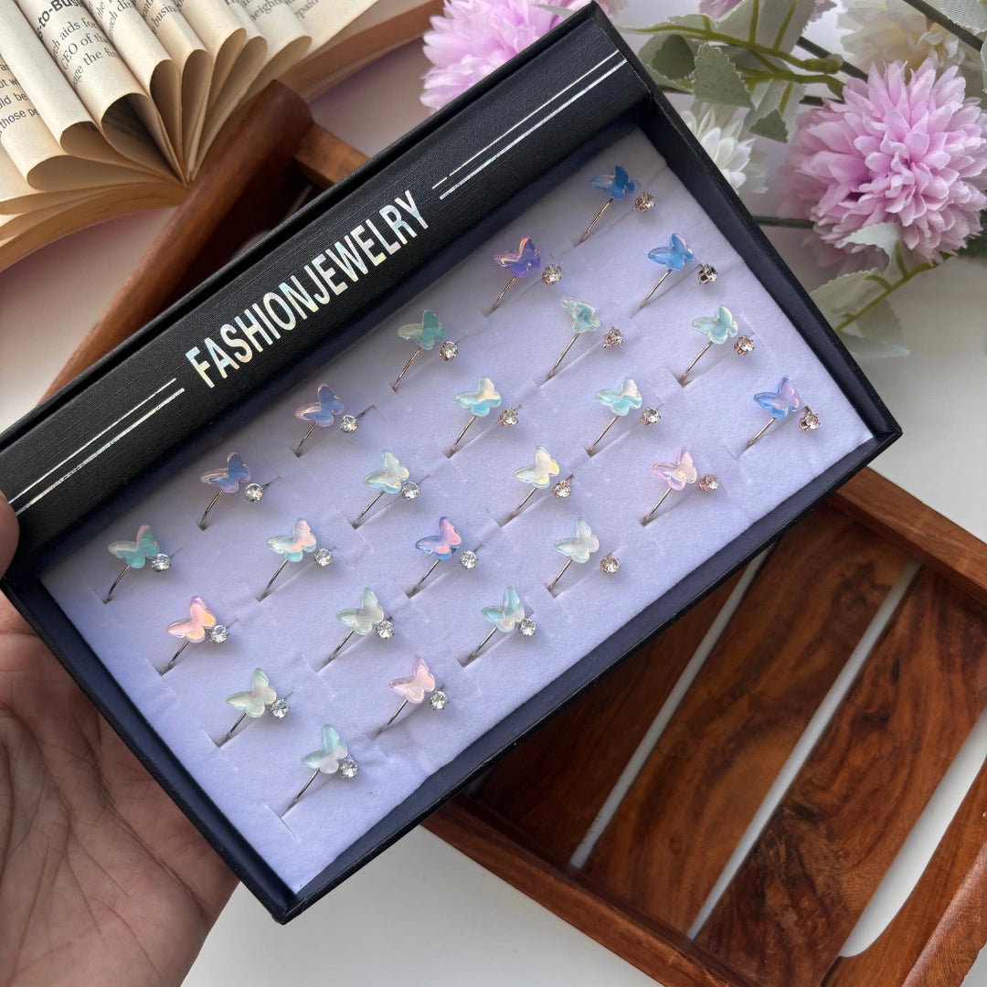 Butterfly & Crystal Adjustable Ring - Assorted Colour