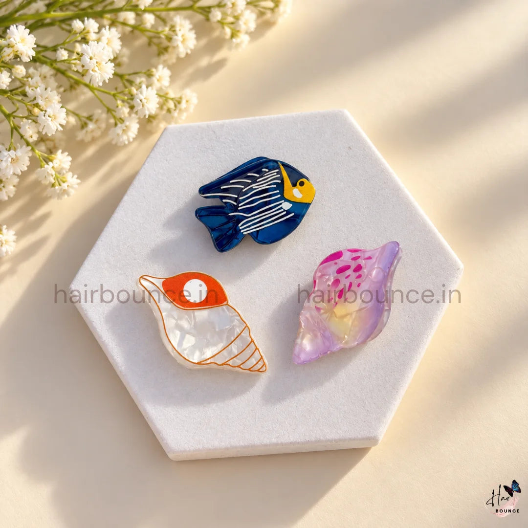 Ocean Charm Mini Fish & Seashell Hair Claw Clips – Pack of 3