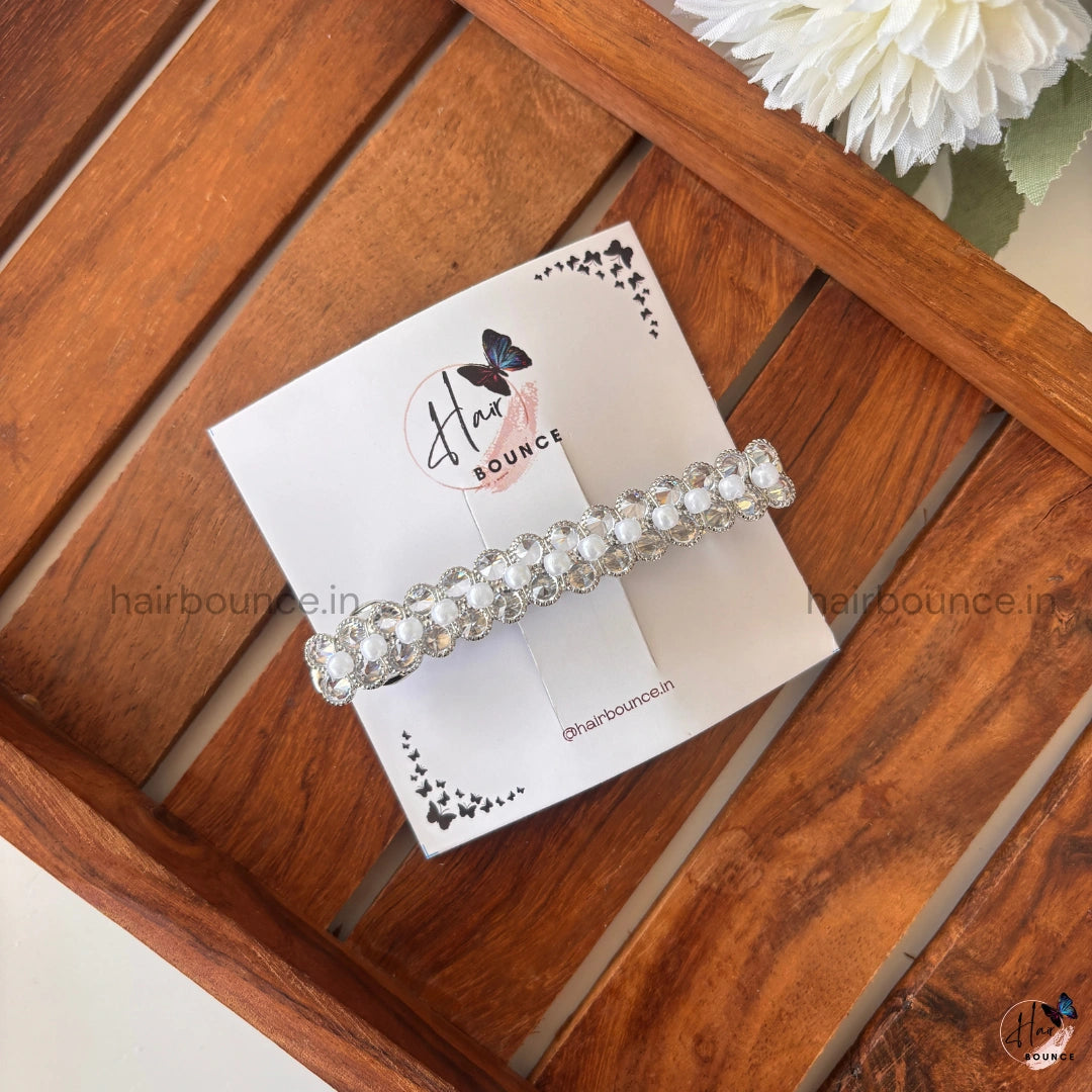 Elara Pearl Halo Crystal Barrette – Silver Finish