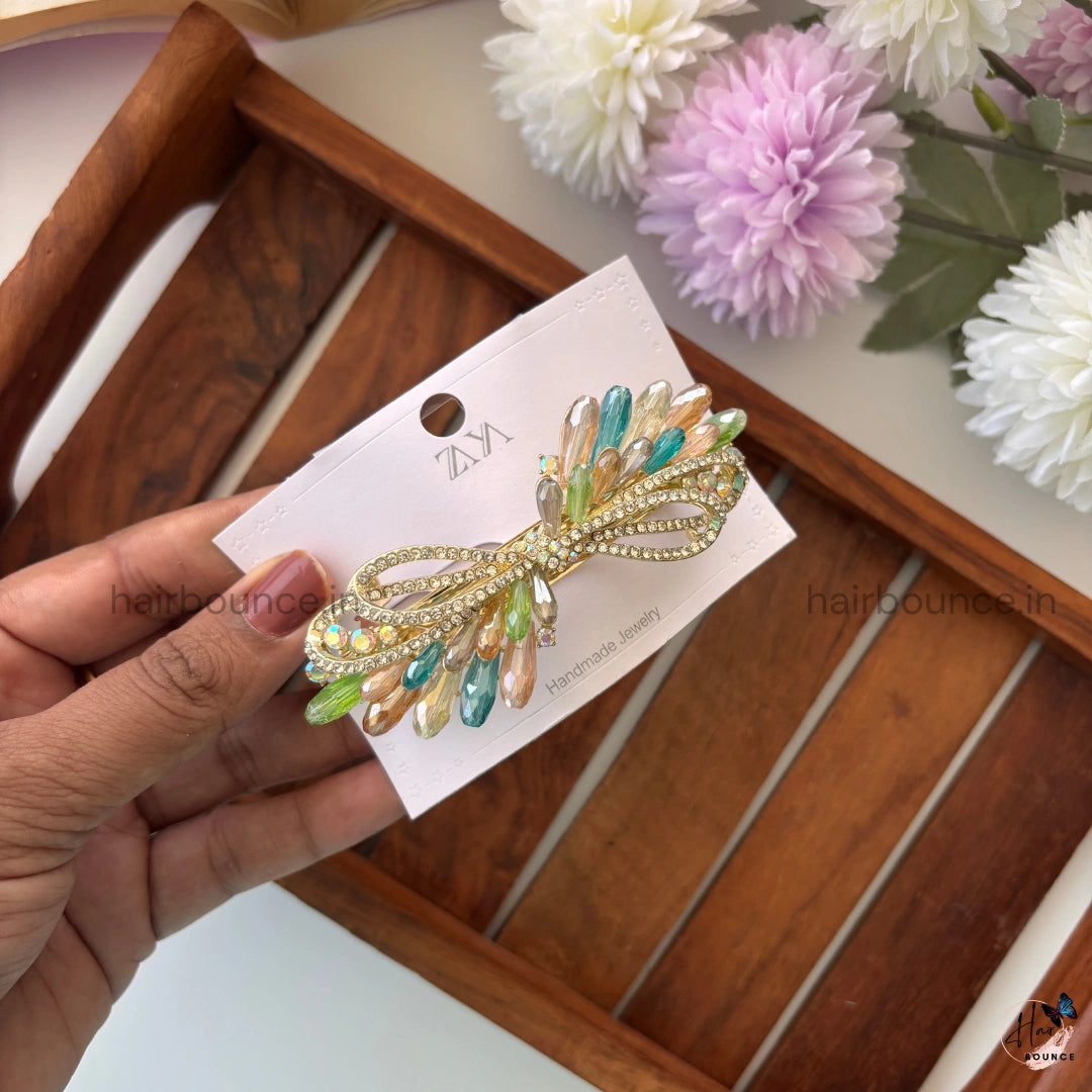 Crystal Feather Bow Bar Clip