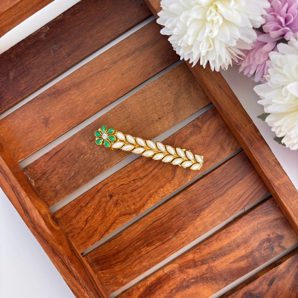 Emerald Bloom Kundan Hair Clip