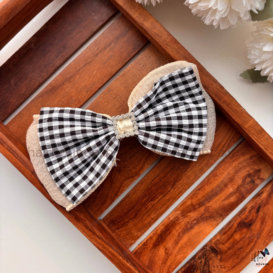 Pastel Gingham Bow Hair Clip with Pearl Frame