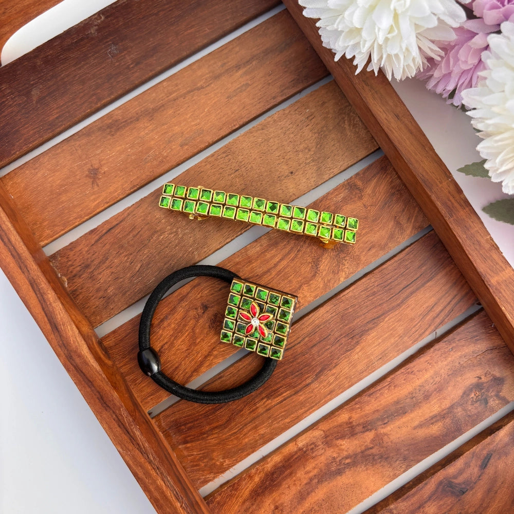 Green Mosaic Combo – Hair Clip & Rubber Band