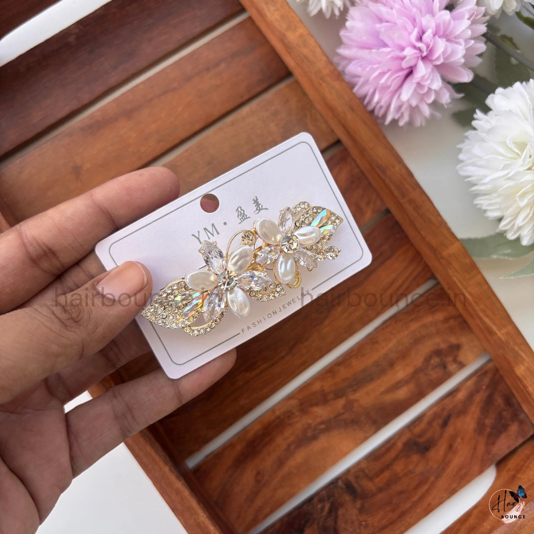 Elegant Pearl Blossom Hair Barrette – Crystal Floral Designer Clip