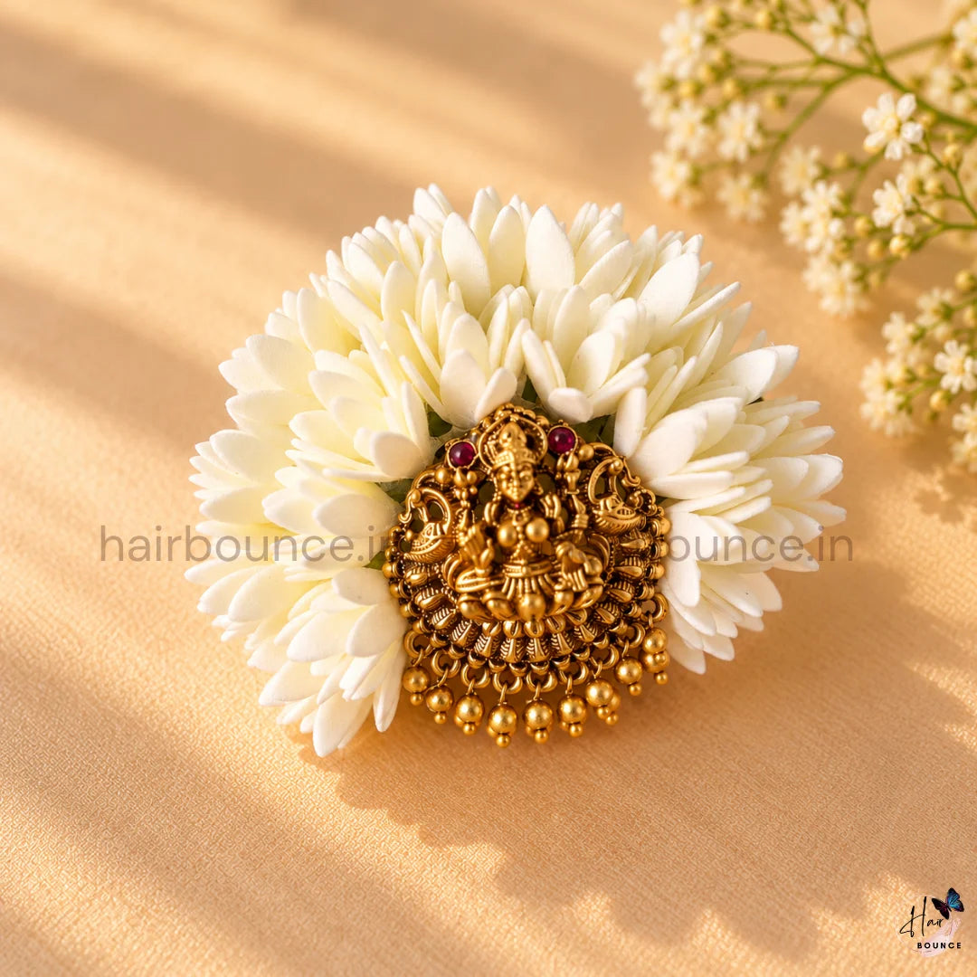 Divine Lakshmi Temple Floral Hair Brooch with Gold Bead Hangings