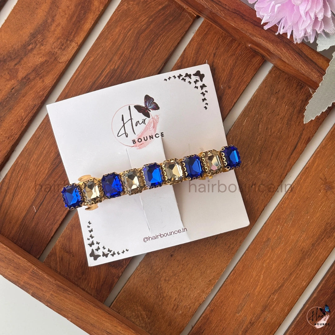 Elite Aura Kundan Center Hair Clip – Royal Blue & Champagne Crystal
