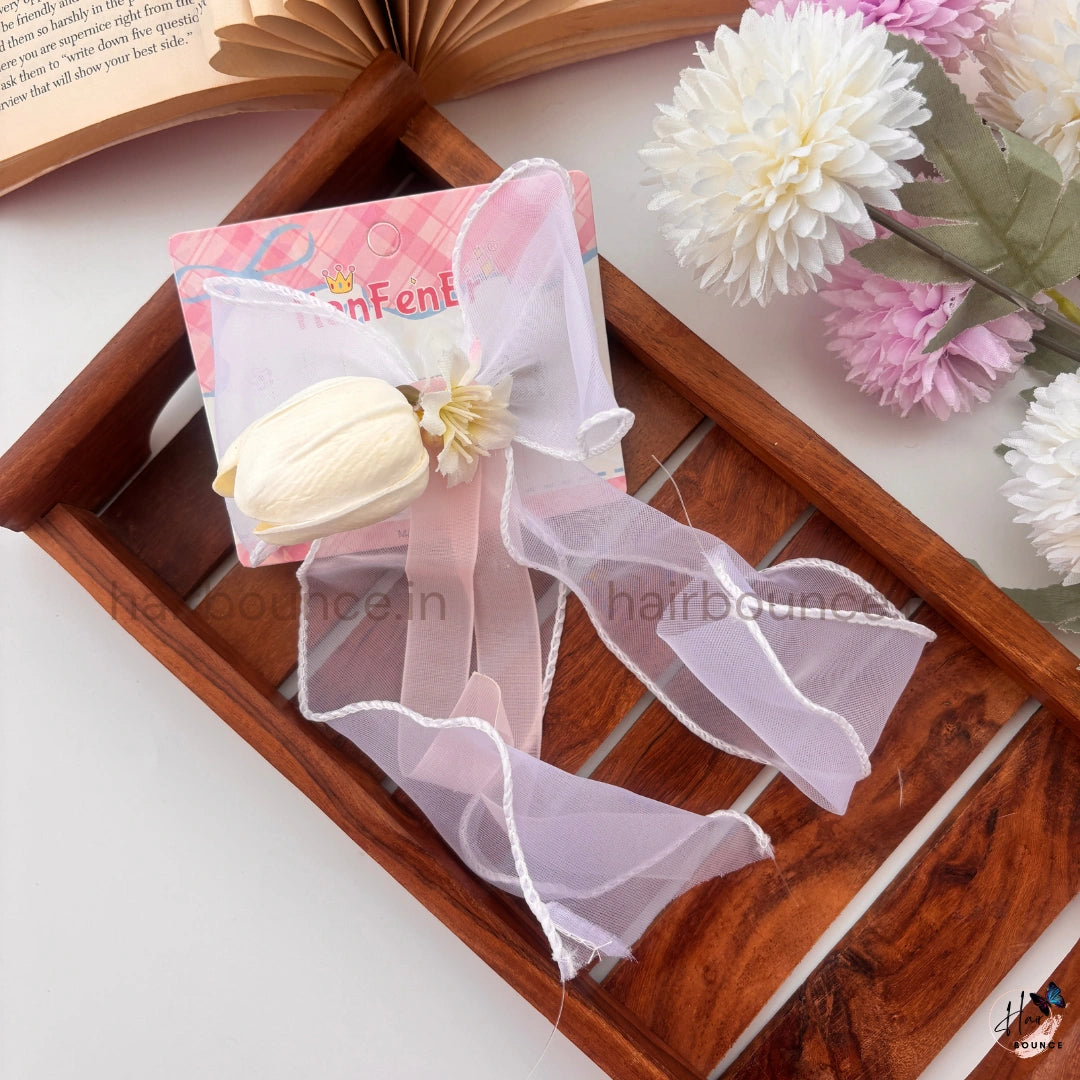 Bloom Veil Floral Hair Bow Clip – Elegant Mesh Ribbon Hair Bow for Women & Girls
