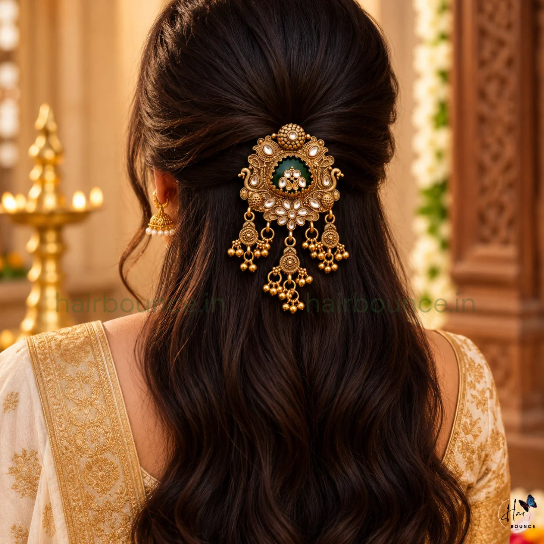 Royal Mayuri Peacock Kemp Jada Billa with Gold Bead Hangings – 2 Styles