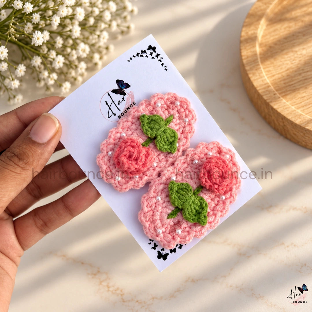 Premium Handmade Crochet Rose & Pearl Tic Tac Hair Clips – Pack of 2