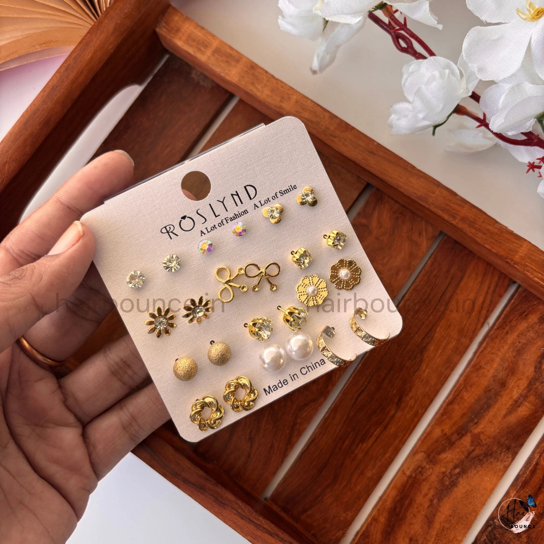 Golden Pearl & Crystal Stud Earrings Combo – 12 Pairs
