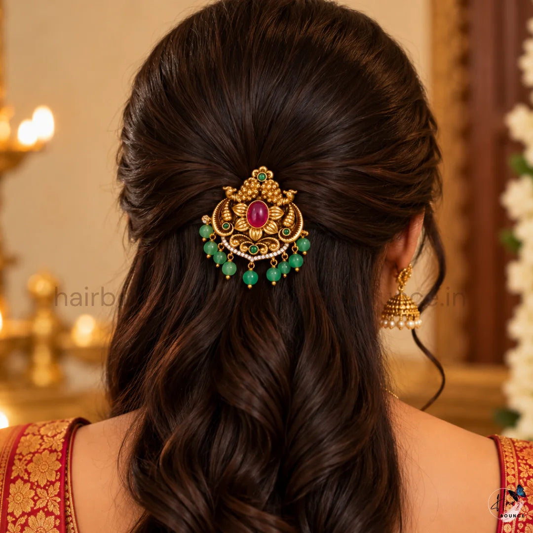 Premium Antique Peacock Kemp Hair Brooch with Green Bead Hangings