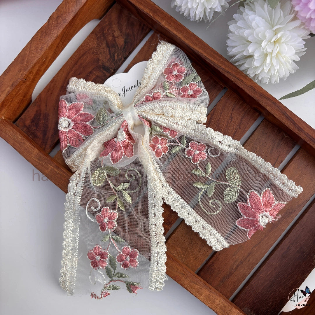 Floral Embroidered Lace Bow Hair Clip