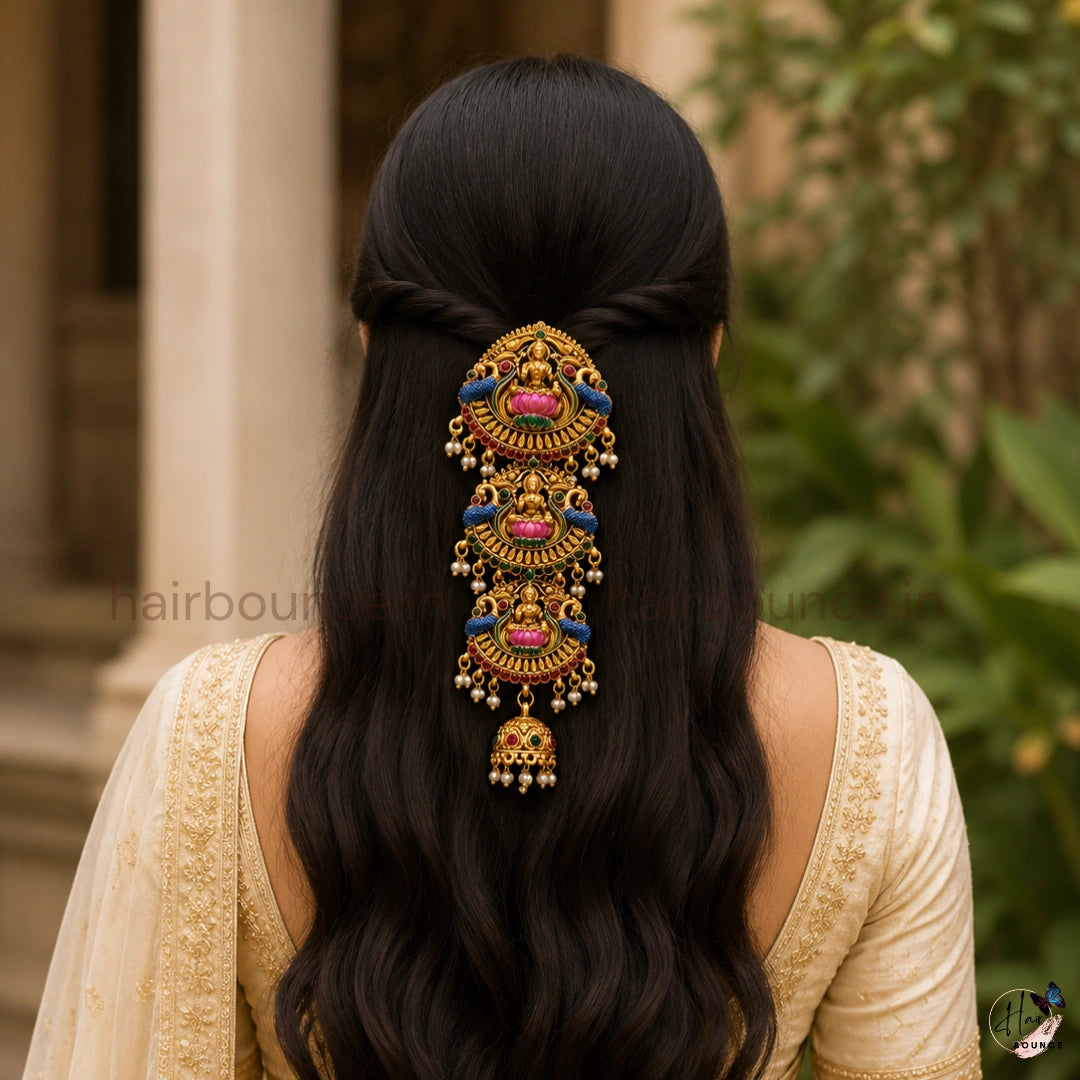 Mahalakshmi Peacock Temple Jada Billa – Antique Gold Bridal Hair Accessory with Kemp Stones & Jhumka