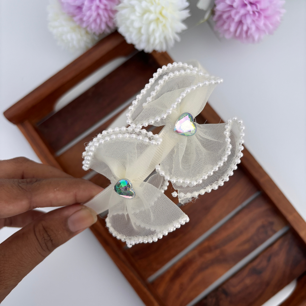 Pearl Trim Heart Bow Headband