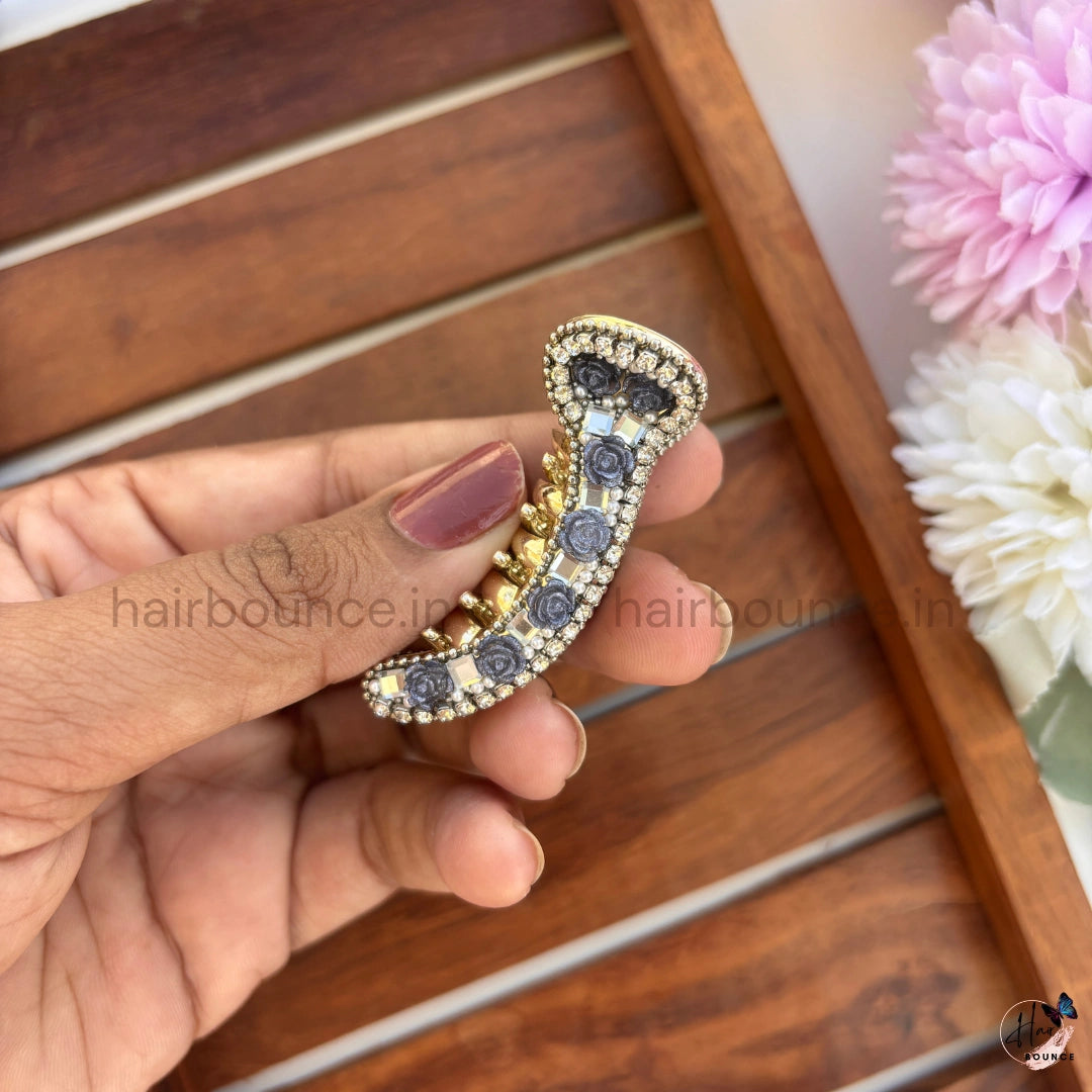 Vintage Floral Crystal Curved Hair Claw – Luxury Designer Banana Hair Clip