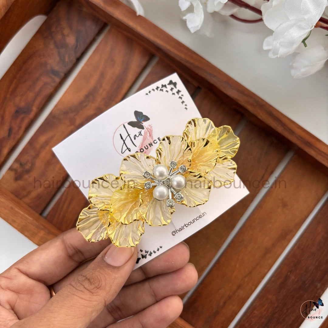 Golden Crystal Bloom Floral Center Hair Clip with Pearl Accent