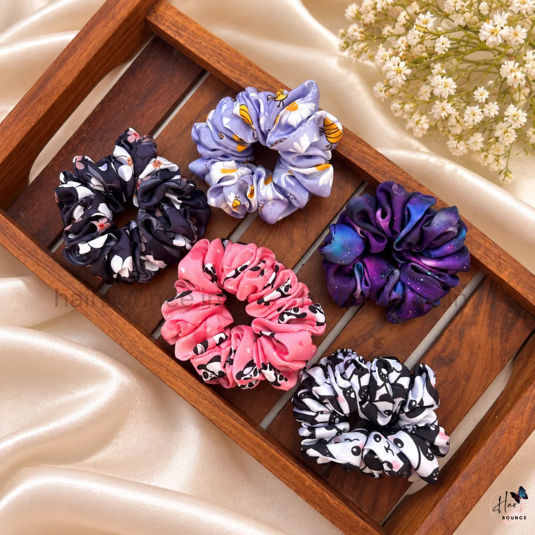 Bloom & Bliss Printed Satin Scrunchie Set – Pack of 5 (Small)