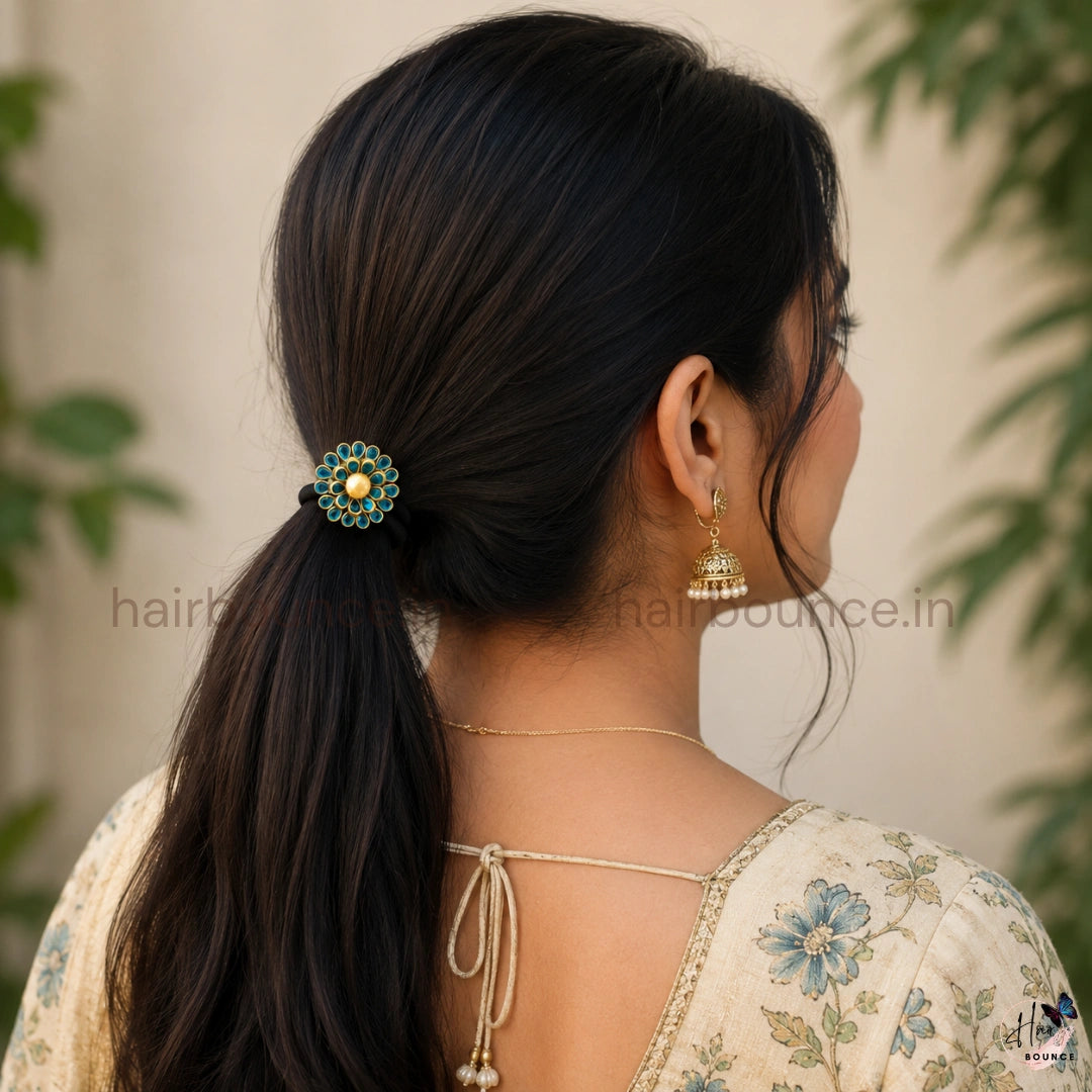Blue Kundan Floral Hair Tie with Pearl