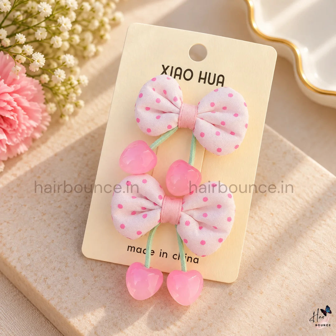 Pink Polka Dot Cherry Bow Alligator Hair Clips – Pack of 2