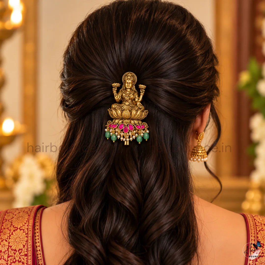 Premium Goddess Lakshmi Lotus Kemp Hair Brooch with Green Beads