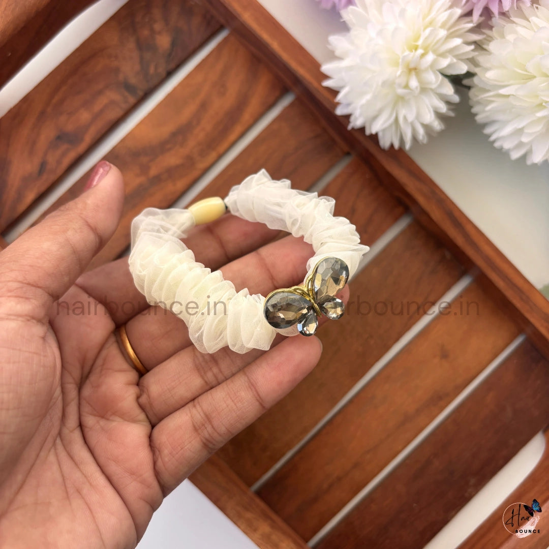 Crystal Butterfly Organza Scrunchie – Premium Pastel Hair Tie