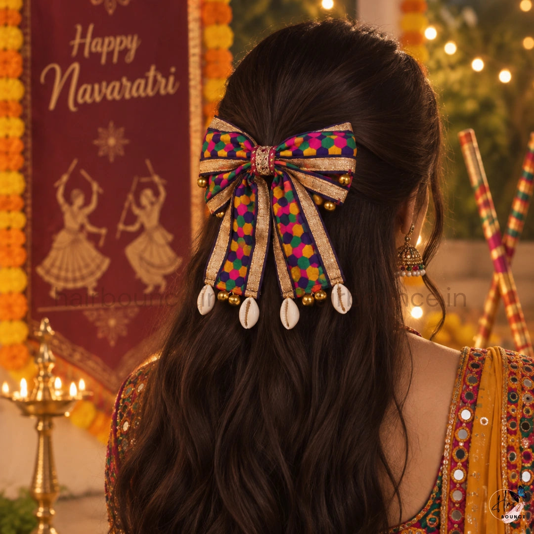 Handmade Navaratri Multicolour Bow Hair Clip with Golden Border & Cowrie Shells