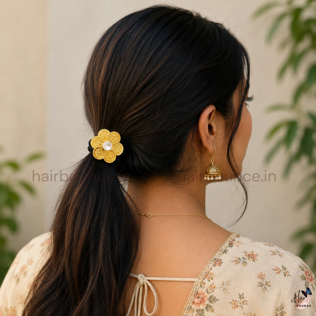 Lakshmi Coin Floral Hair Tie with Crystal Stone