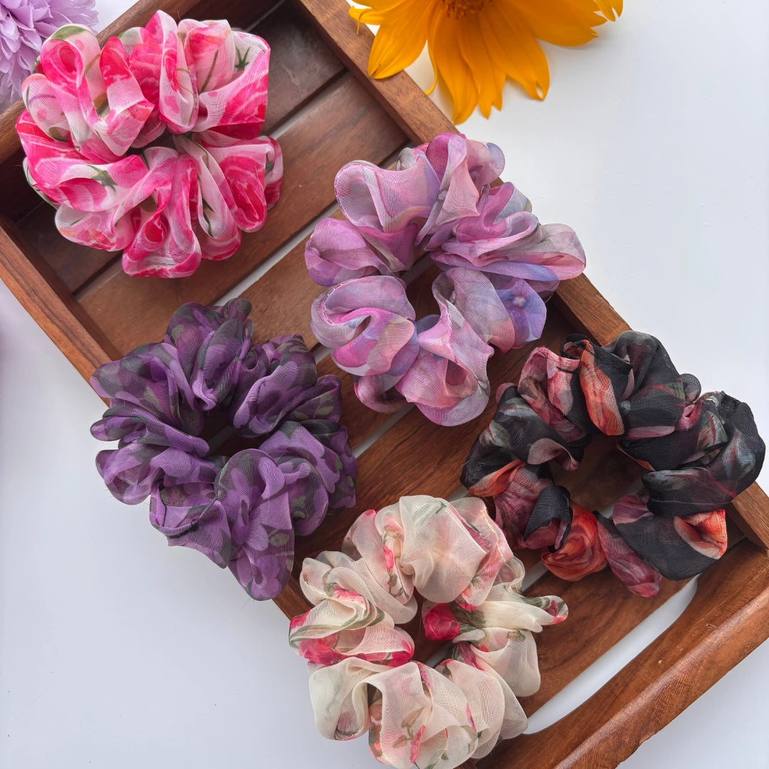 Organza Floral Charm Scrunchie Set – Pack of 5