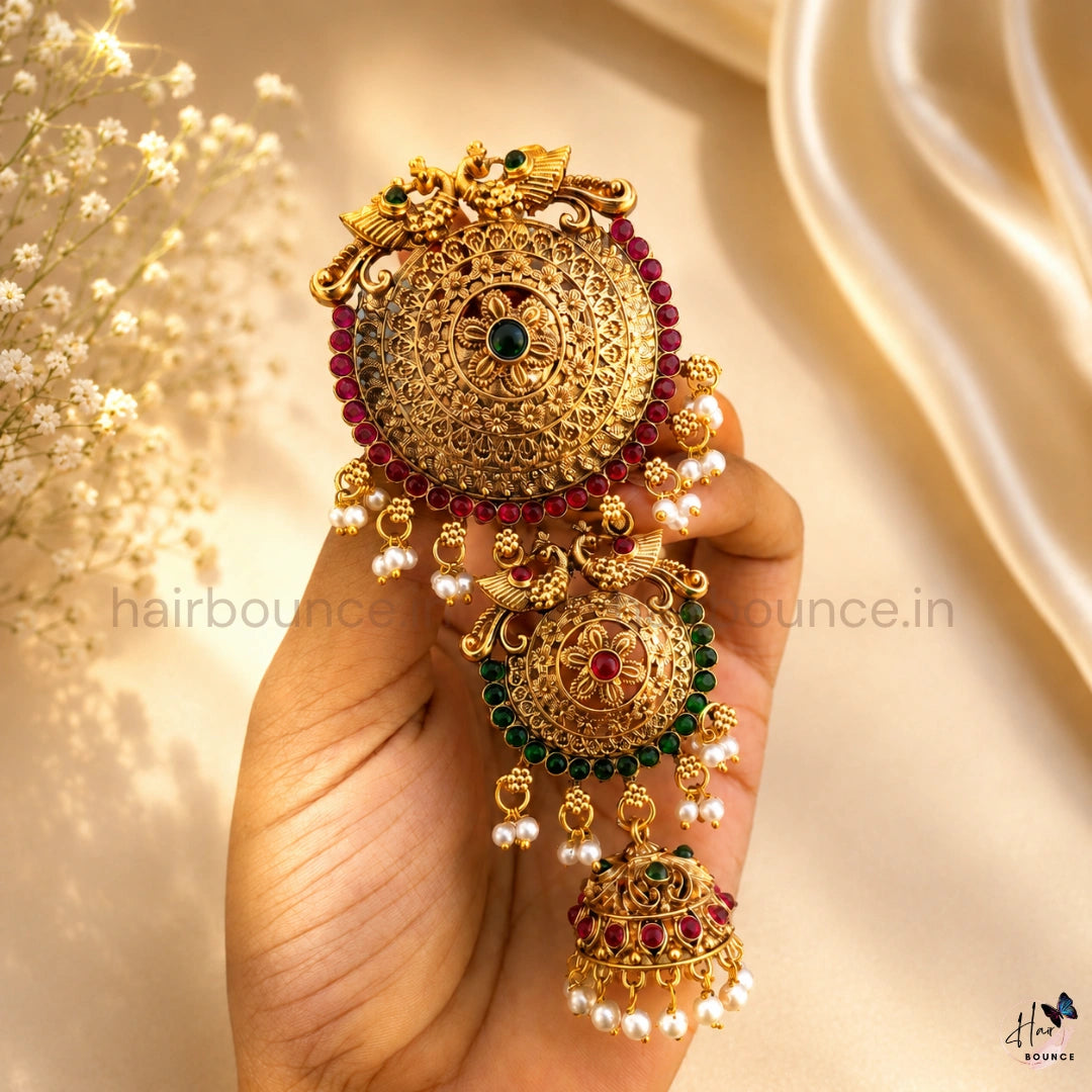 Antique Peacock Temple Jada Billa with Kemp Stones, Pearls & Jhumka