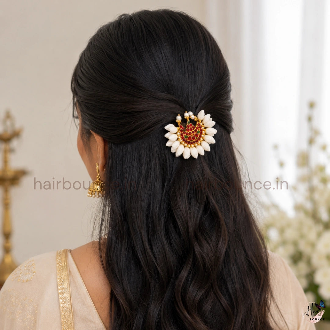 Royal Chandra Kemp Floral Hair Clip | Handmade Moon Kundan Hair Accessory for Women