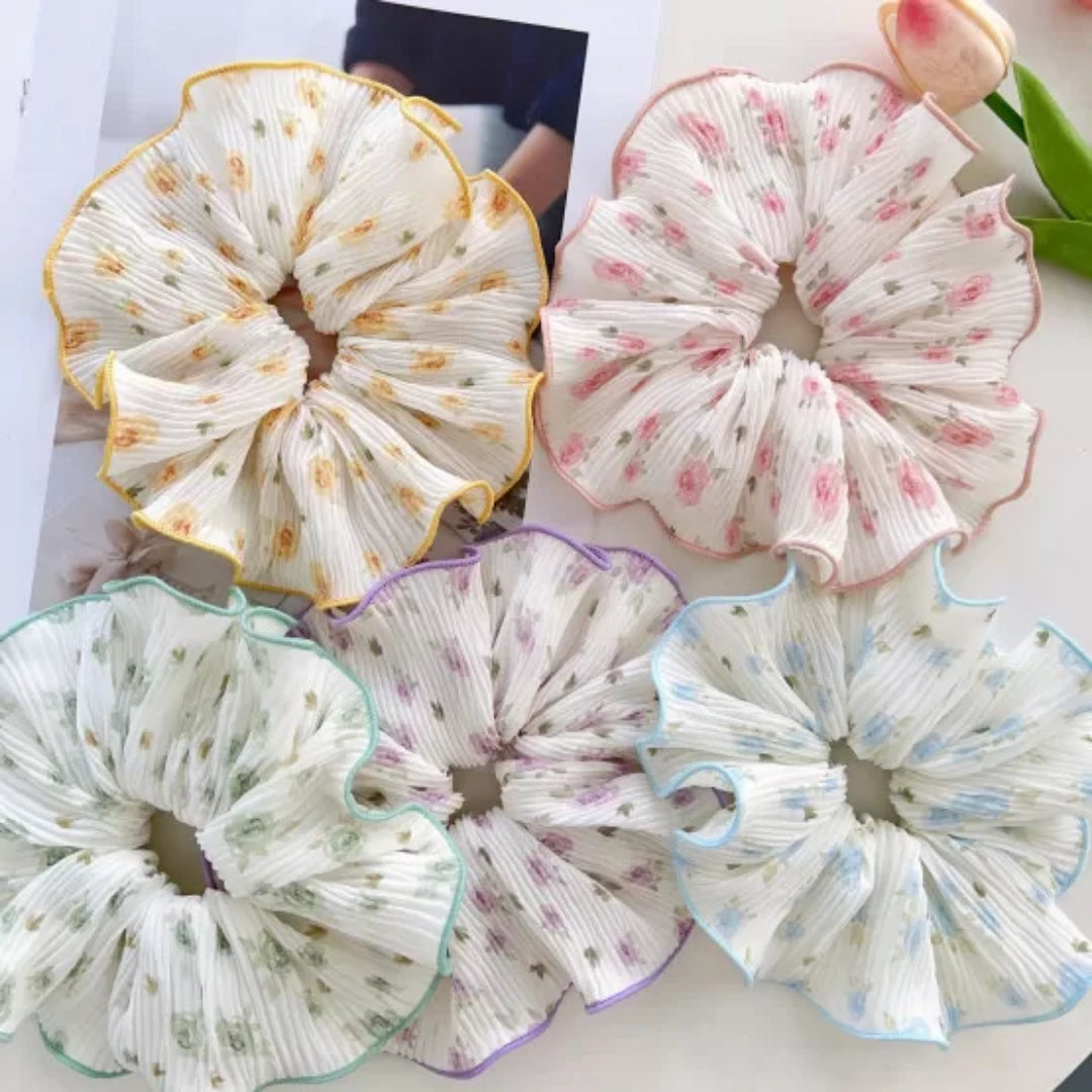Blooming Petals Pleated Scrunchie for Women & Girls | Floral Chiffon Hair Tie