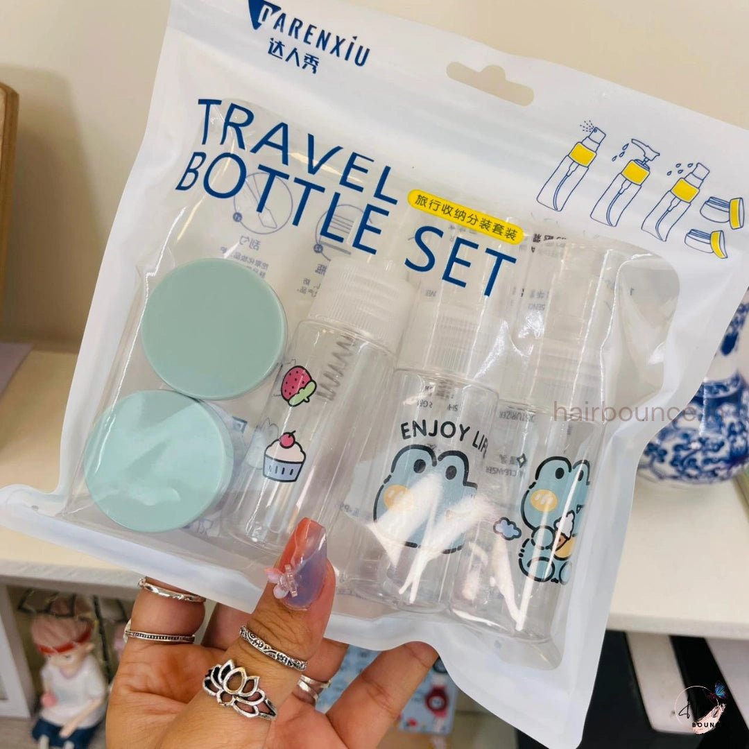Cute Cartoon Travel Bottle Set – Mini Refillable Toiletry Containers with Cream Jars (Set of 5)