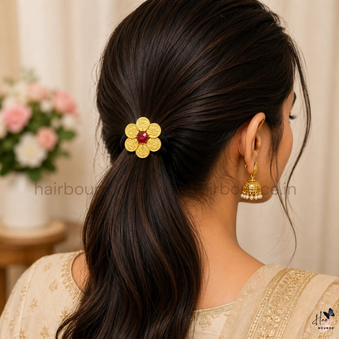 Lakshmi Coin Designer Hair Tie with Red Stone