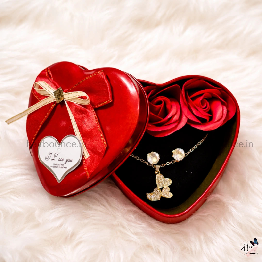 Heart-Shaped Jewellery Gift Box with Necklace & Earrings – Romantic Love Hamper