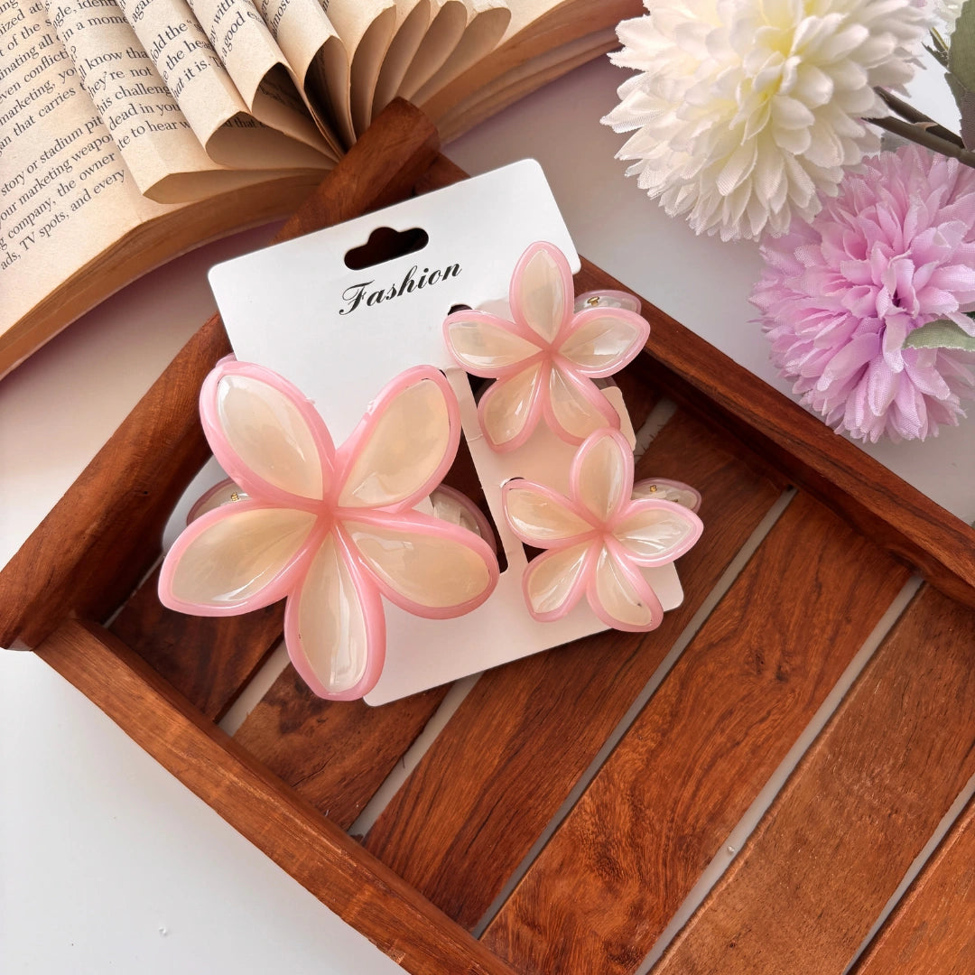 Glossy Plumeria Flower Hair Claw – Set of 3 (1 Large + 2 Small)