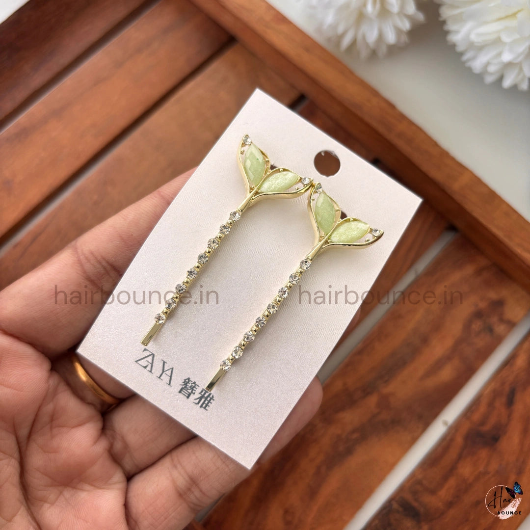Elegant Leaf Crystal Hair Pins – Gold Rhinestone Leaf Hair Clips (Set of 2)