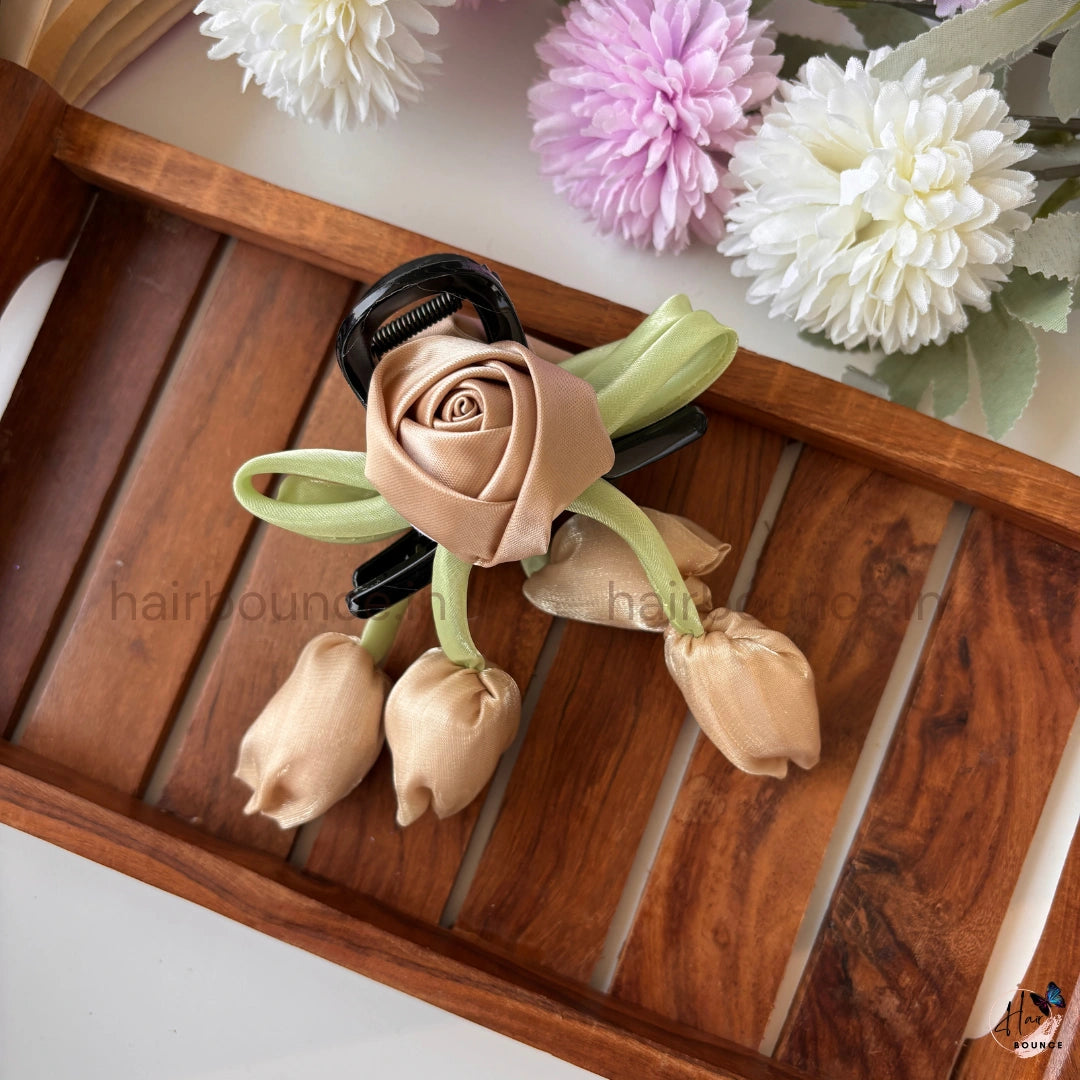 Royal Ribbon Rose Drop Hair Claw – Luxury Satin Flower Hanging Hair Claw