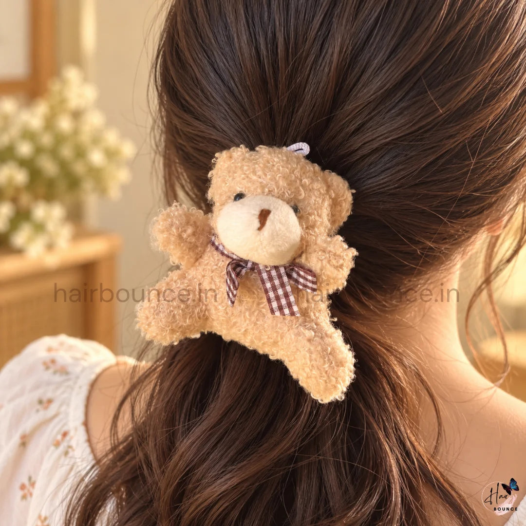 Cute 3D Teddy Bear Fluffy Hair Scrunchie with Checkered Bow
