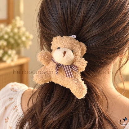 Cute 3D Teddy Bear Fluffy Hair Scrunchie with Checkered Bow