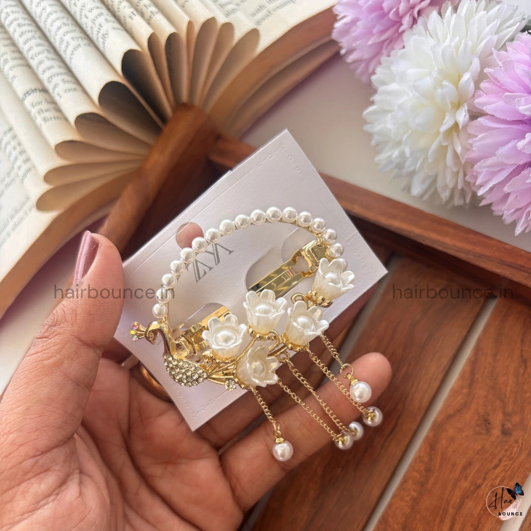 Hanging Pearl Blossom Arc Hair Clip