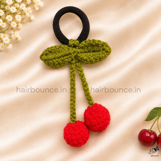 Handmade Crochet Cherry Hair Tie – Cute Knitted Cherry Ponytail Holder for Girls & Women