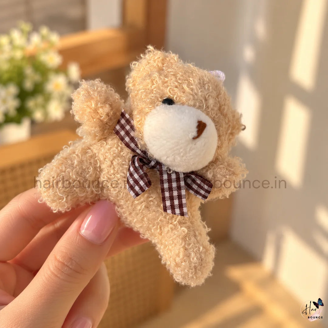 Cute 3D Teddy Bear Fluffy Hair Scrunchie with Checkered Bow