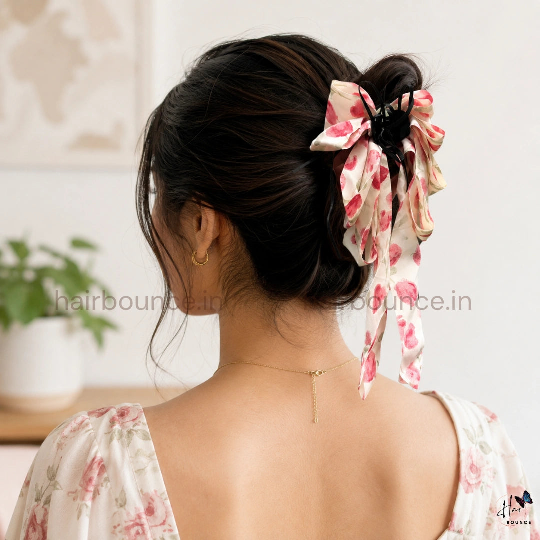 Floral Ribbon Bow Hair Claw Clip – Medium