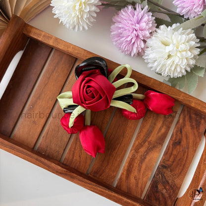 Royal Ribbon Rose Drop Hair Claw – Luxury Satin Flower Hanging Hair Claw