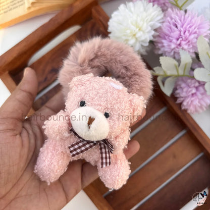 Cute 3D Teddy Bear Fluffy Hair Scrunchie with Checkered Bow