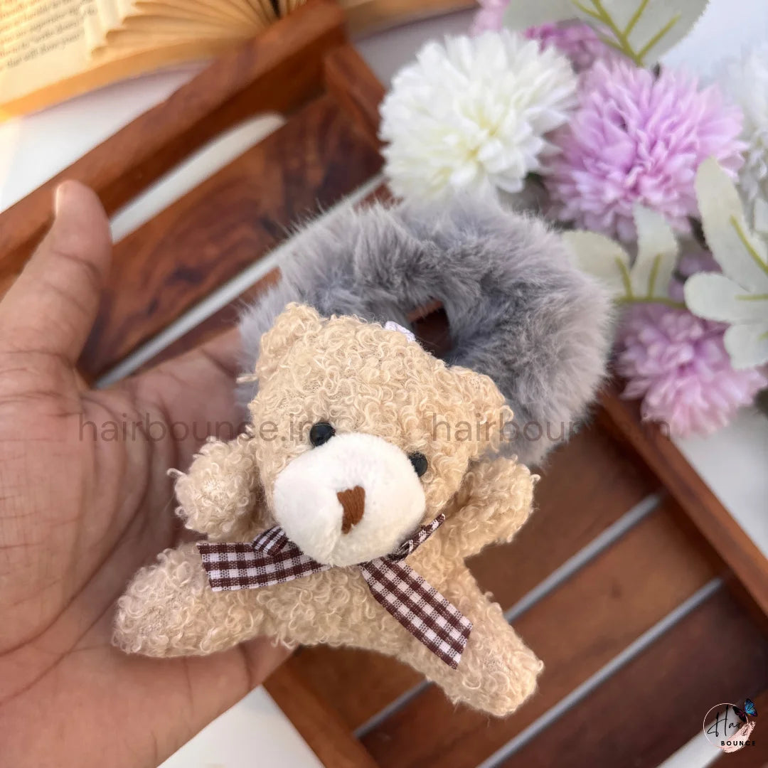 Cute 3D Teddy Bear Fluffy Hair Scrunchie with Checkered Bow