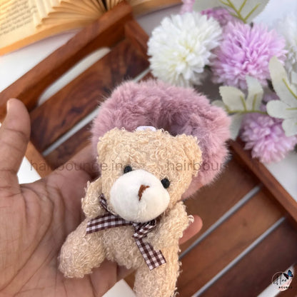 Cute 3D Teddy Bear Fluffy Hair Scrunchie with Checkered Bow