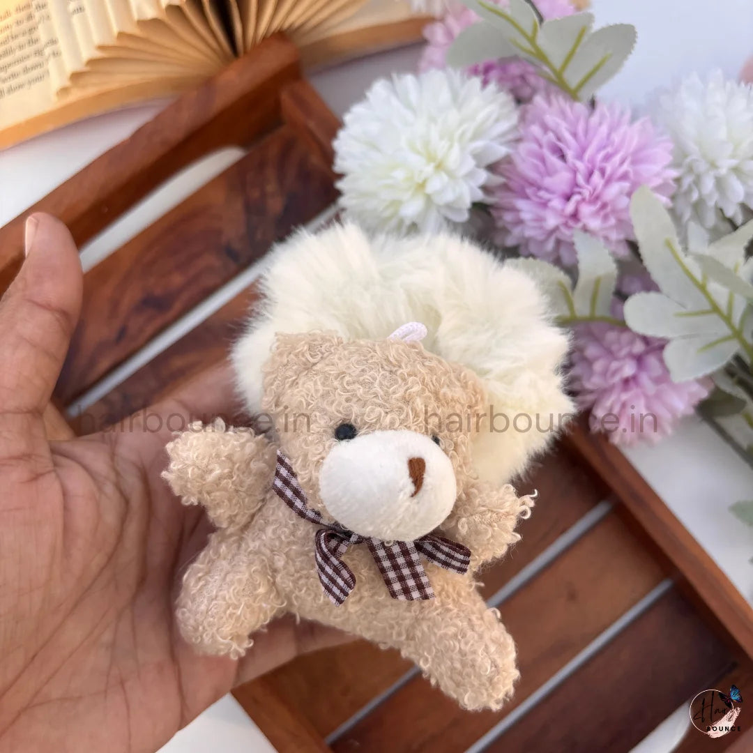 Cute 3D Teddy Bear Fluffy Hair Scrunchie with Checkered Bow