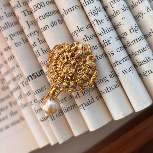 Temple Carved Pearl Drop Hair Brooch