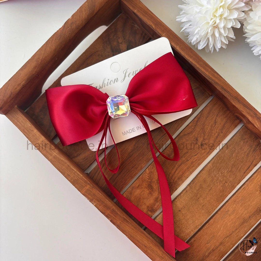 Luxe Satin Bow Clip with Crystal Charm